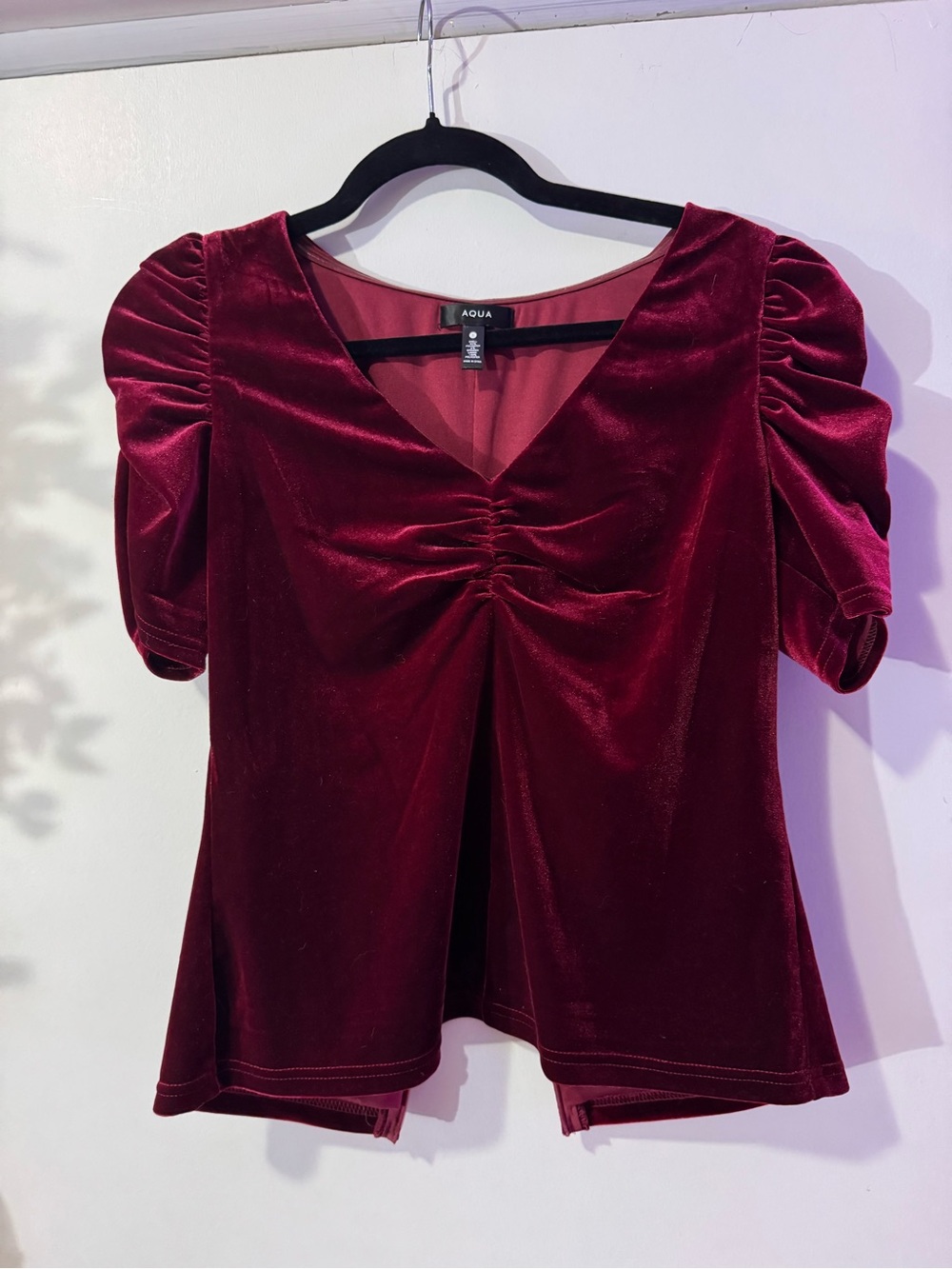 Aqua Burgundy Velvet Ruched V-Neck Puff Sleeve Top